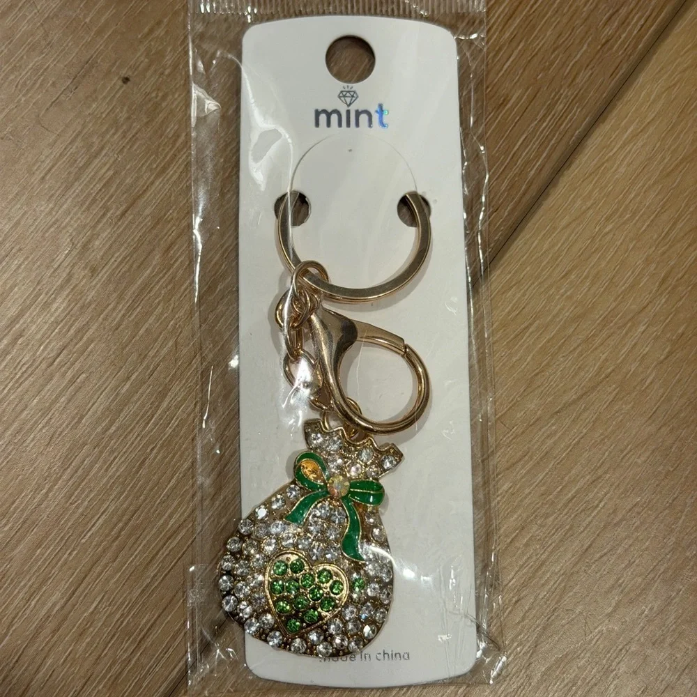 Green Rhinestone Money Bag Keychain Purse Charm Lucky Clover Gold Tone